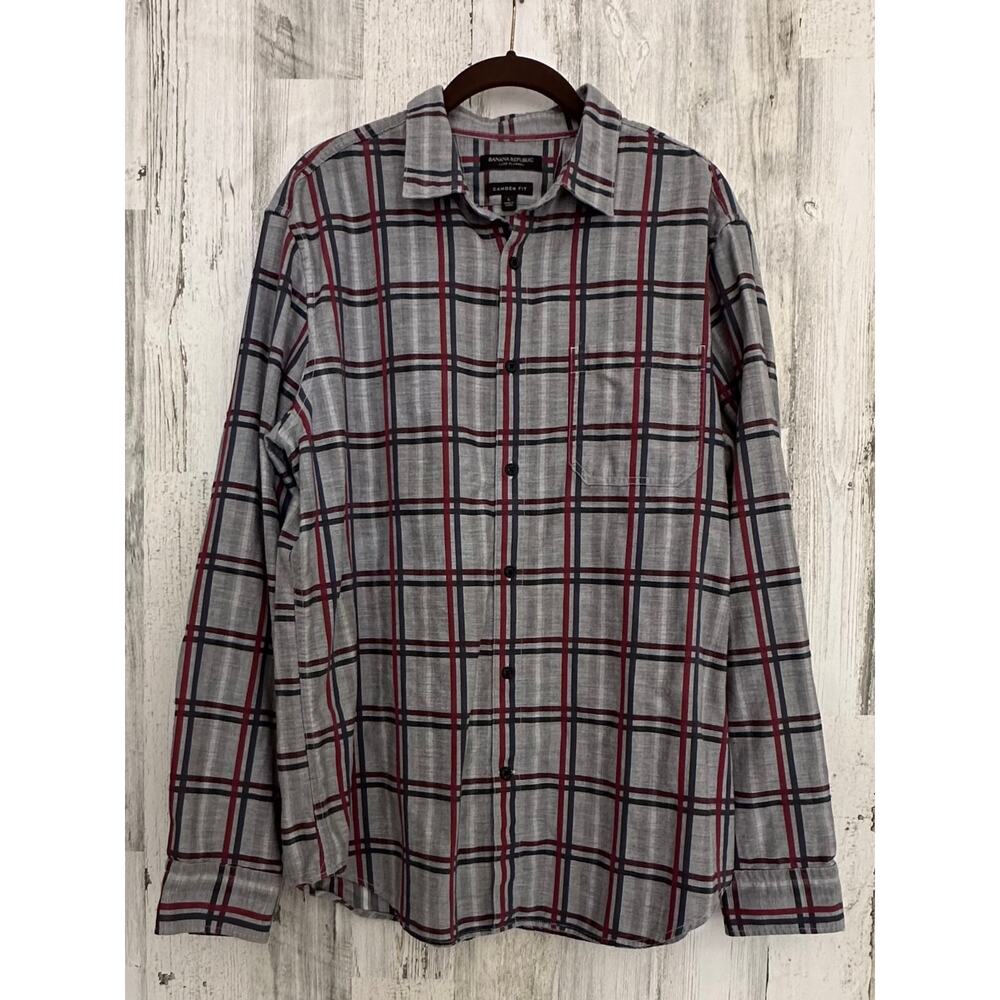 Banana Republic Mens Luxe Flannel Shirt Large Camden Fit Gray Windowpane Plaid